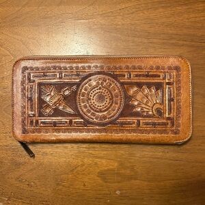 Vintage Art Mex Leather Tooled Embossed Aztec Southwestern Brown Wallet Clutch
